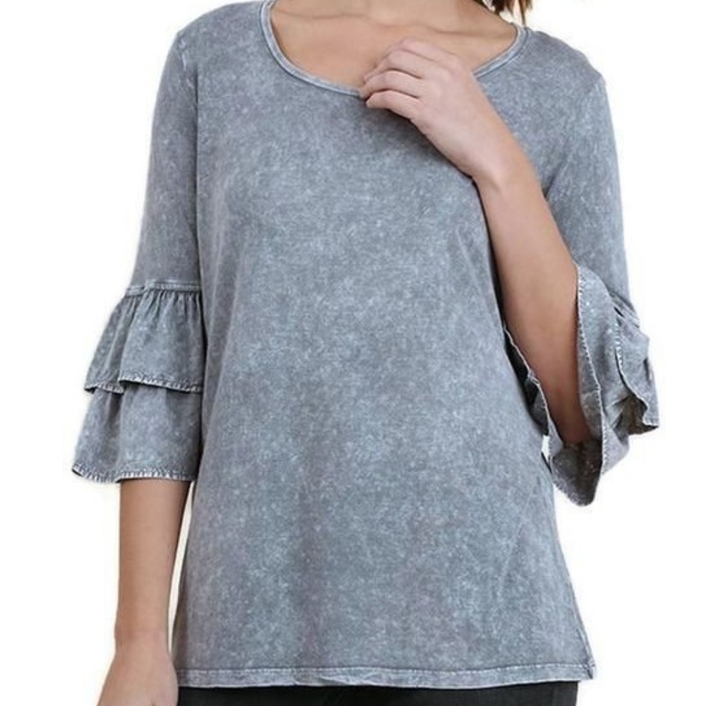 Umgee Gray Mineral Wash Ruffle Bell Sleeve Top